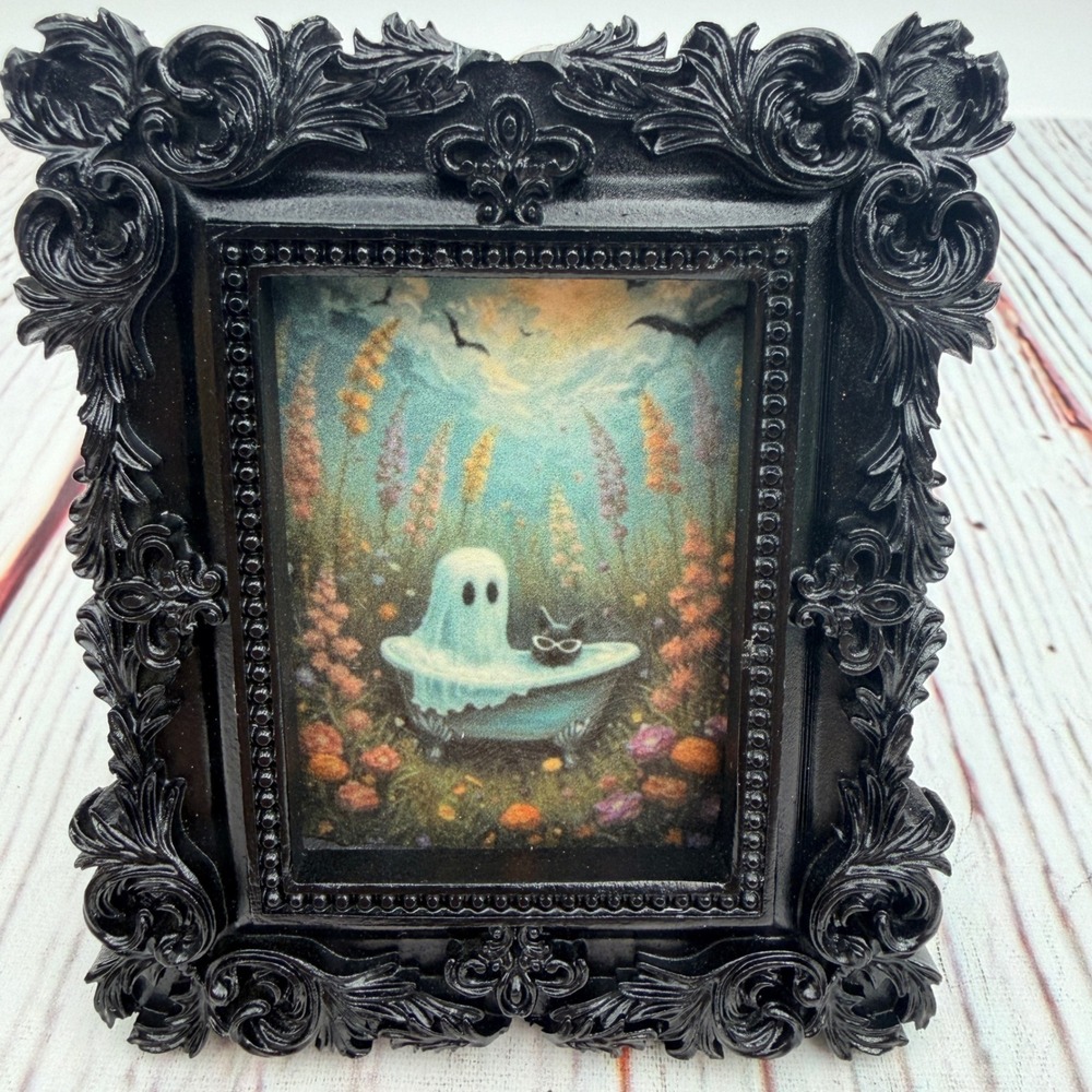 Miniature Ghost and Cat in Bathtub Art Decoupaged Print Ornate Black Resin Frame